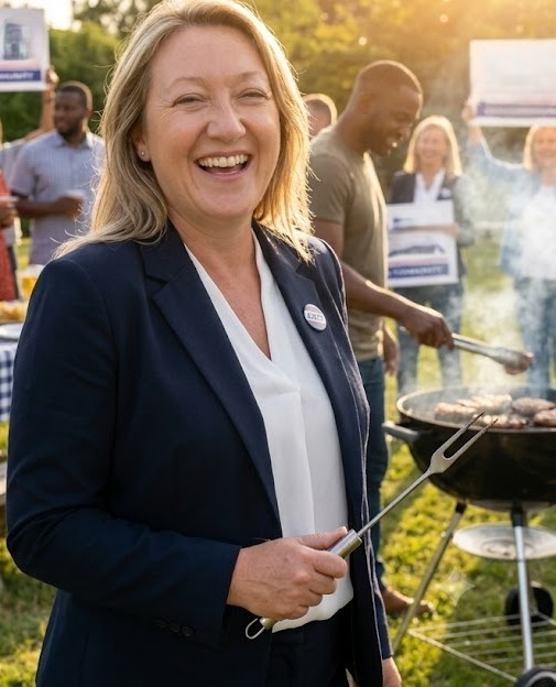 Jenna Jessop sharing a laugh with volunteers and neighbours at a community barbecue