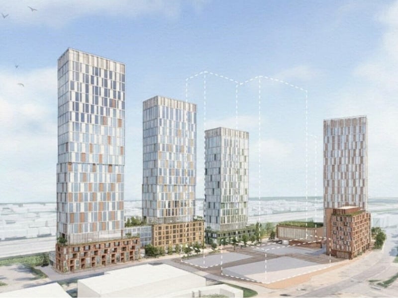 A rendering of proposed high-rise development towers