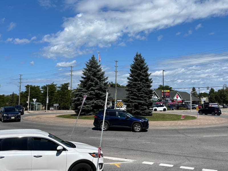 A roundabout in Ward 2 with cars navigating the intersection, framed by trees and local shops